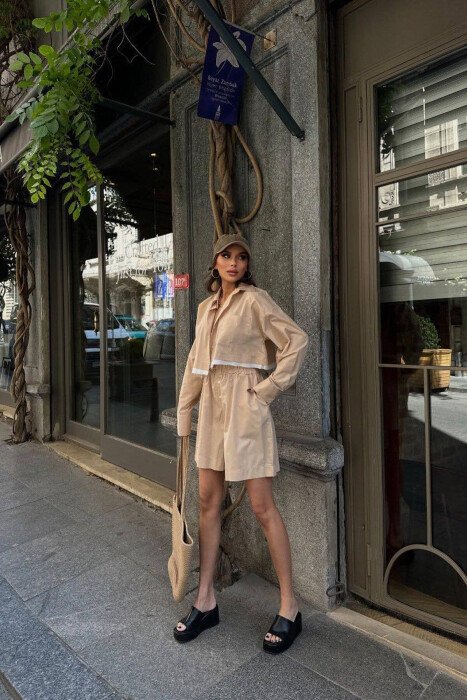 CROPPED SHIRT + SHORTS WOMEN SET BEIGE/BEZHE - KLAUDIO FASHION