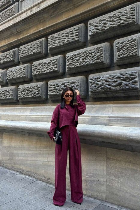 CROPPED SHIRT+TROUSERS STRIPED WOMEN SET BURGUNDY/VISHNJE - 5