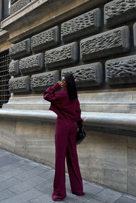 CROPPED SHIRT+TROUSERS STRIPED WOMEN SET BURGUNDY/VISHNJE - 8