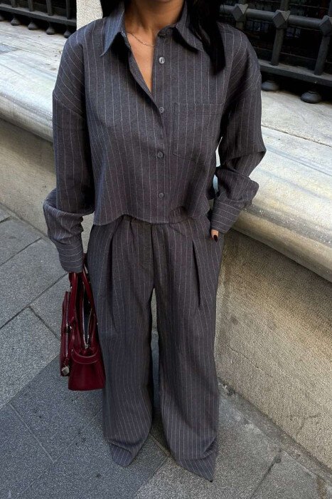CROPPED SHIRT+TROUSERS STRIPED WOMEN SET GREY/GRI - 6