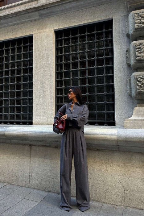 CROPPED SHIRT+TROUSERS STRIPED WOMEN SET GREY/GRI - 5