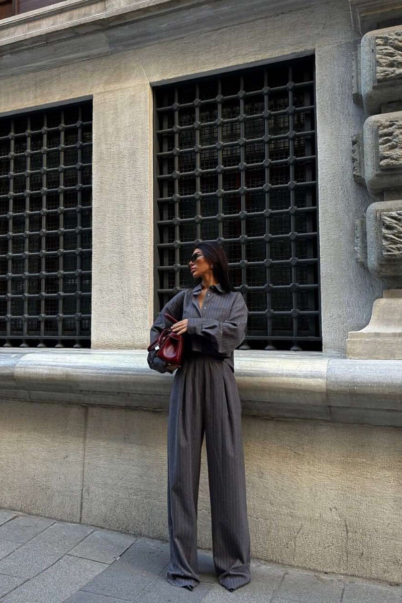 CROPPED SHIRT+TROUSERS STRIPED WOMEN SET GREY/GRI - 5