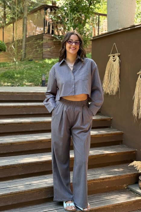 CROPPED SHIRT+TROUSERS STRIPED WOMEN SET GREY/GRI - 1
