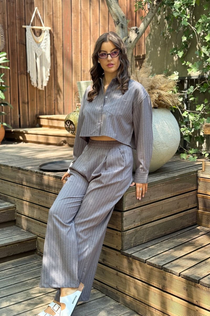 CROPPED SHIRT+TROUSERS STRIPED WOMEN SET GREY/GRI - 2