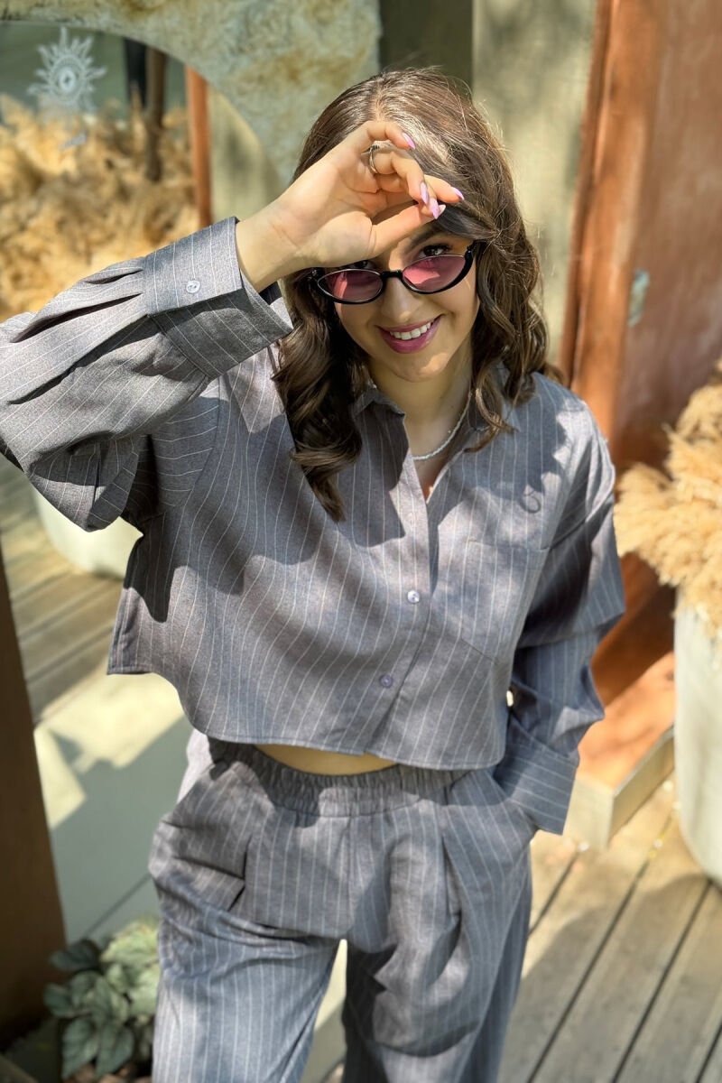 CROPPED SHIRT+TROUSERS STRIPED WOMEN SET GREY/GRI - 4