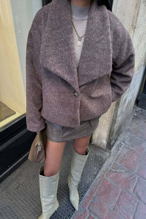 CROPPED SIMPLE WOOL WOMEN JACKET LIGHT BROWN/KAZB - KLAUDIO FASHION