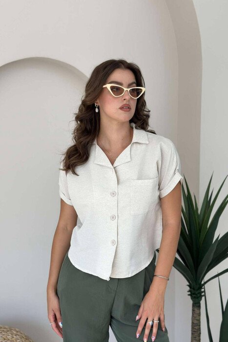 CROPPED SINGLE POCKET DETAIL WOMEN SHIRT CREAM/KREM - KLAUDIO FASHION