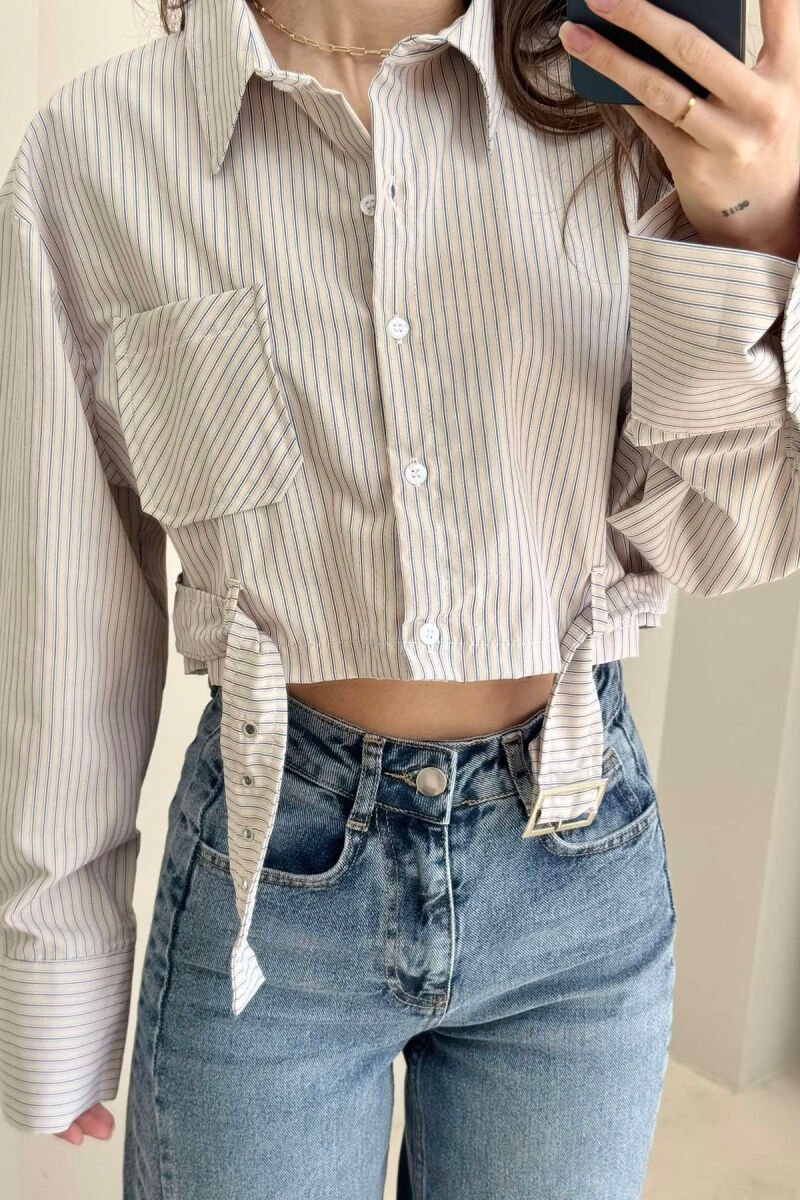 CROPPED STRIPE DESIGN WOMEN SHIRT BEIGE/BEZHE - 1