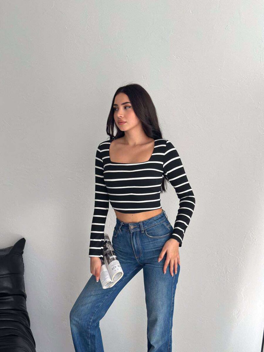 CROPPED STRIPE LONG SLEEVE WOMEN SWEATSHIRT BLACK/ E ZEZE - 1