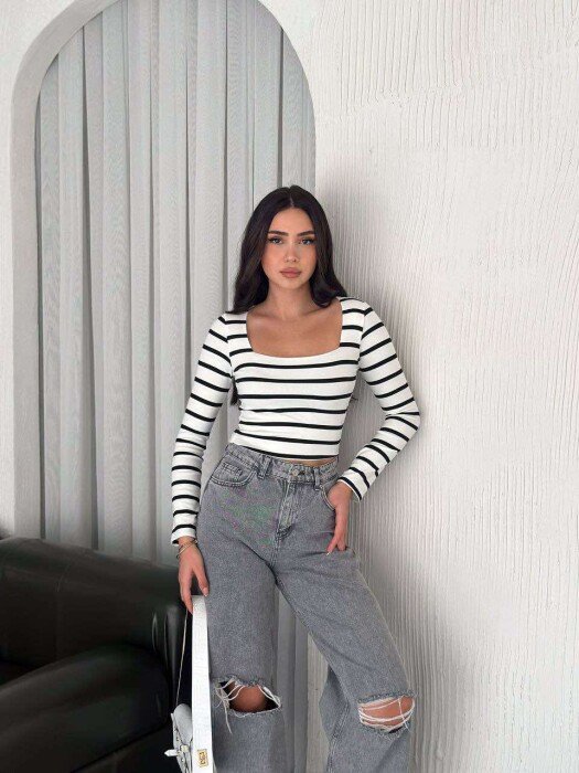 CROPPED STRIPE LONG SLEEVE WOMEN SWEATSHIRT WHITE-E BARDHE - 2