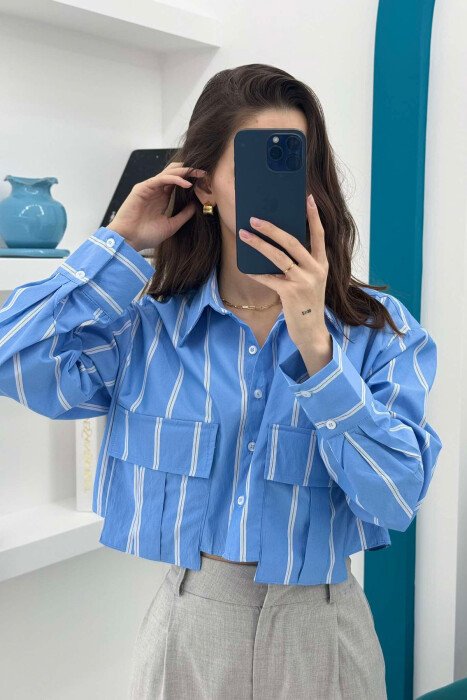 CROPPED STRIPE SIMPLE WOMEN SHIRT BLUE/BLU - 1