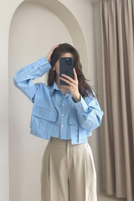 CROPPED STRIPE SIMPLE WOMEN SHIRT LIGHTBLUE/BZ 