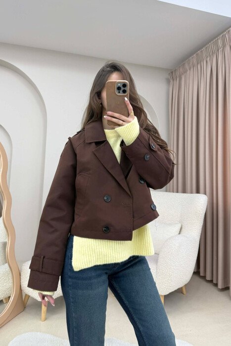 CROPPED V NECK WOMEN JACKET BROWN/KAFE - 1