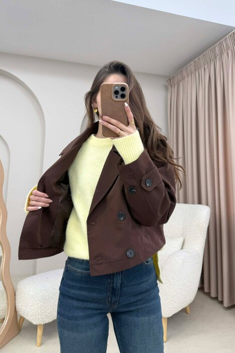 CROPPED V NECK WOMEN JACKET BROWN/KAFE - 3