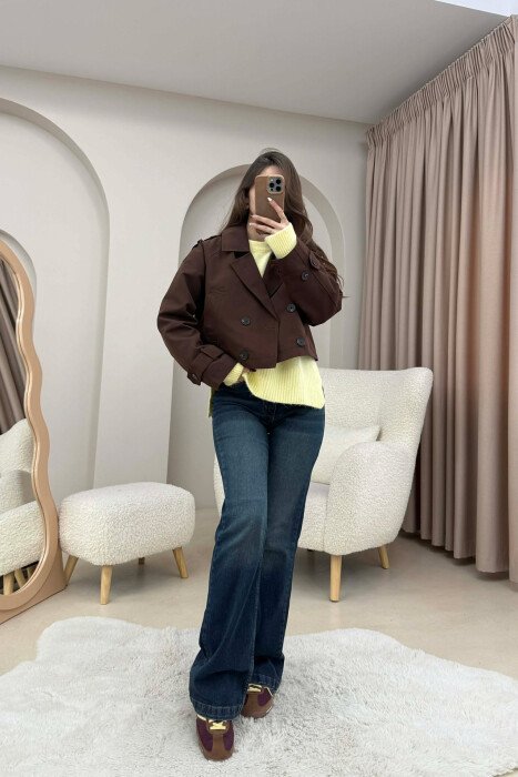 CROPPED V NECK WOMEN JACKET BROWN/KAFE - 4