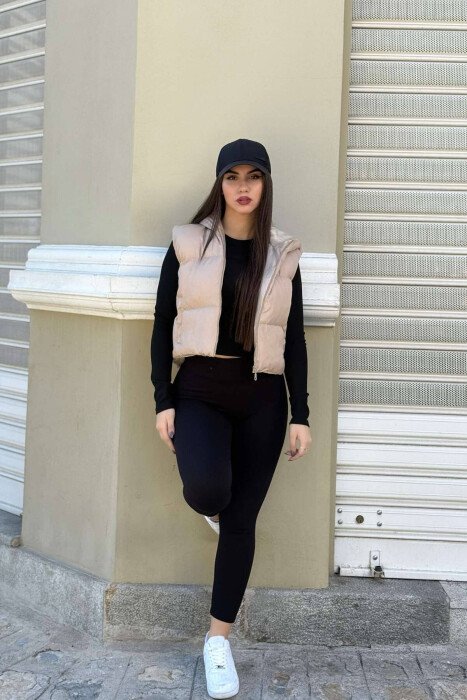 CROPPED ZIPPER ONE COLOR WOMEN VEST BEIGE/BEZHE - 3