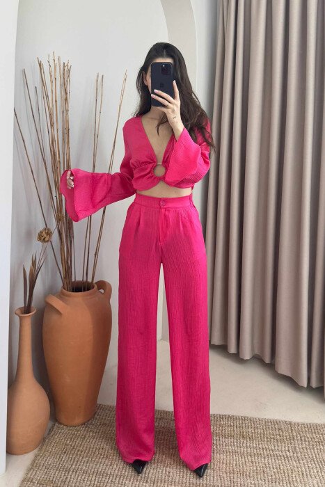 CROP+TROUSERS ONE COLOR WOMEN SET FUCHSIA/CIKLAMI - KLAUDIO FASHION