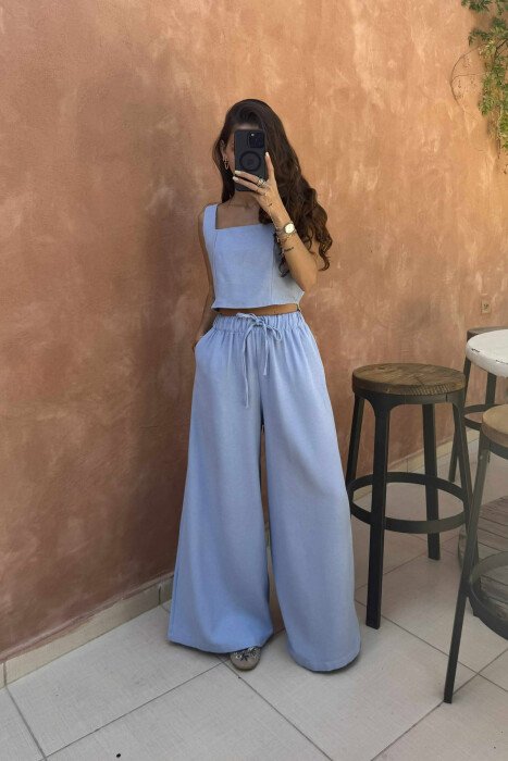 CROP+TROUSERS ONE COLOR WOMEN SET LIGHTBLUE/BZ - KLAUDIO FASHION