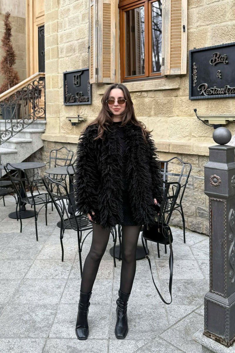 CURLY SHORT BUTTONED NECK DETAIL FAUX FUR WOMEN COAT BLACK/ E ZEZE - 2
