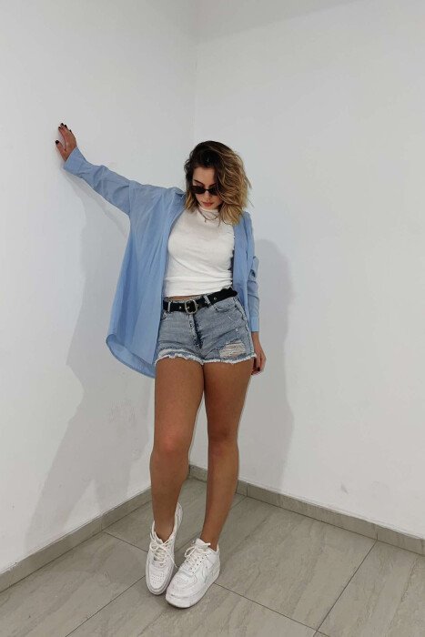 CUT-OFF BELTED WOMEN SHORT JEANS LIGHTBLUE/BZ - 7