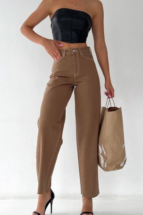CUT-OFF WIDE LEG WOMEN JEANS BROWN/KAFE - KLAUDIO FASHION