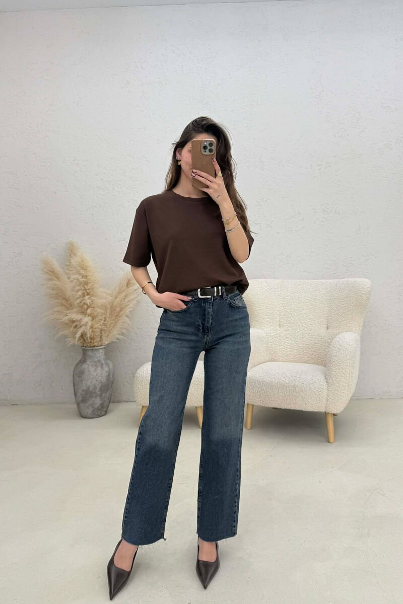 CUTTED EDGES BELTED SIMPLE WOMEN JEANS BLUE/BLU - 1