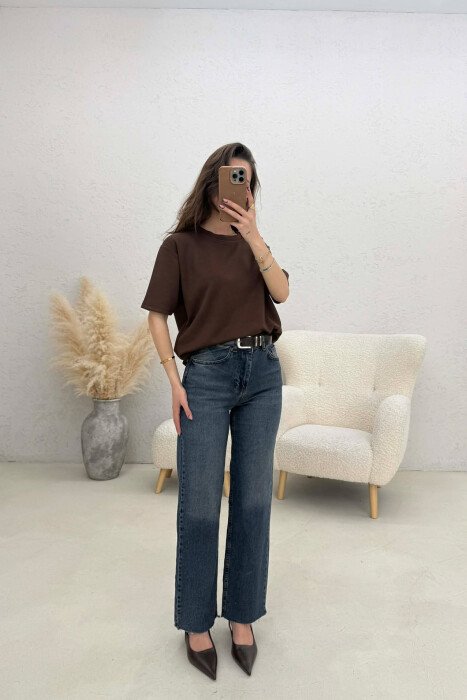 CUTTED EDGES BELTED SIMPLE WOMEN JEANS BLUE/BLU - 2
