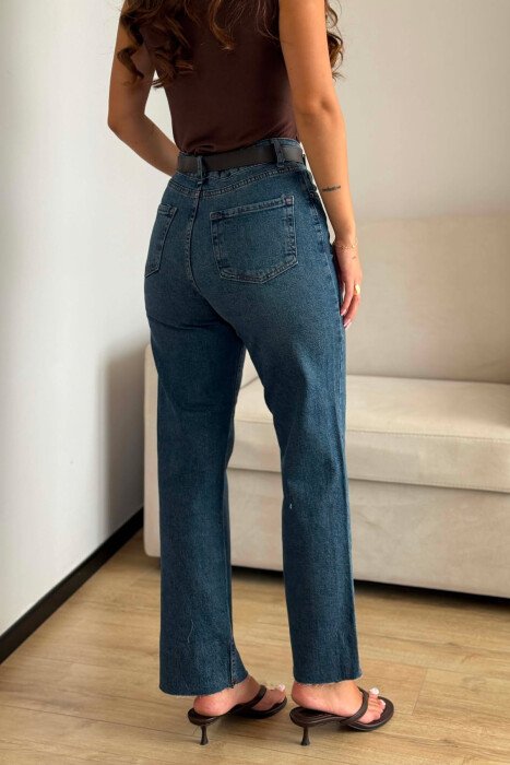CUTTED EDGES BELTED SIMPLE WOMEN JEANS BLUE/BLU - 2