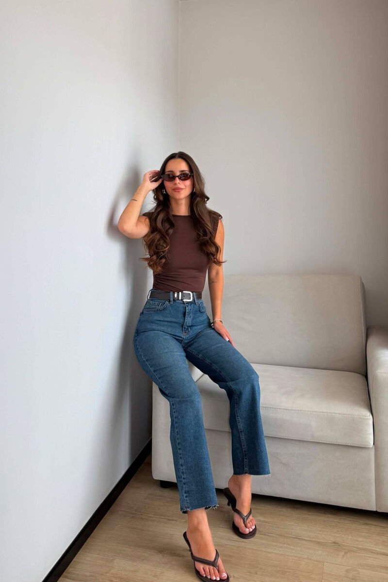 CUTTED EDGES BELTED SIMPLE WOMEN JEANS BLUE/BLU - 3