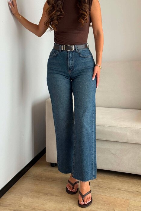 CUTTED EDGES BELTED SIMPLE WOMEN JEANS BLUE/BLU - 4