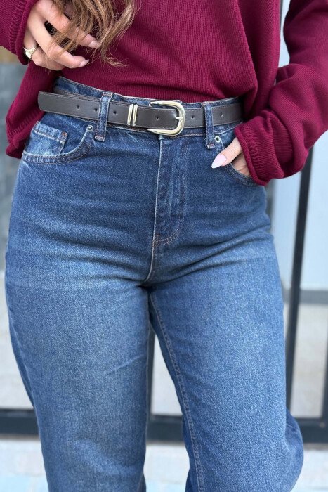 CUTTED EDGES BELTED SIMPLE WOMEN JEANS DARK BLUE/BEE - 3