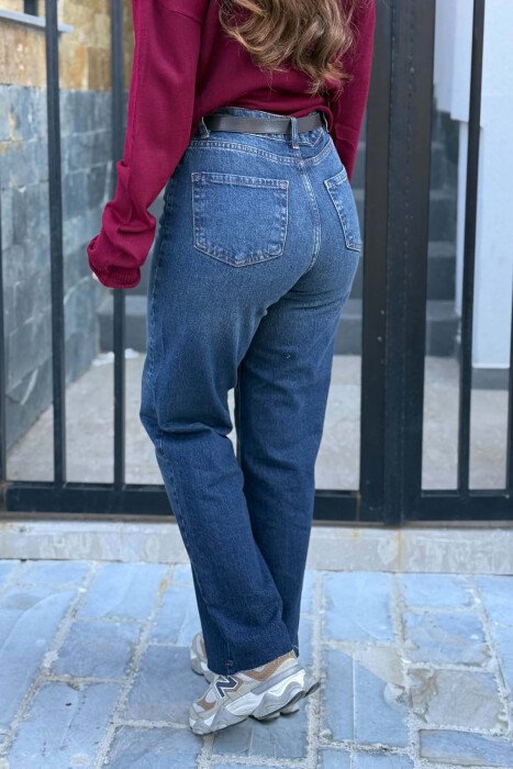 CUTTED EDGES BELTED SIMPLE WOMEN JEANS DARK BLUE/BEE - 4