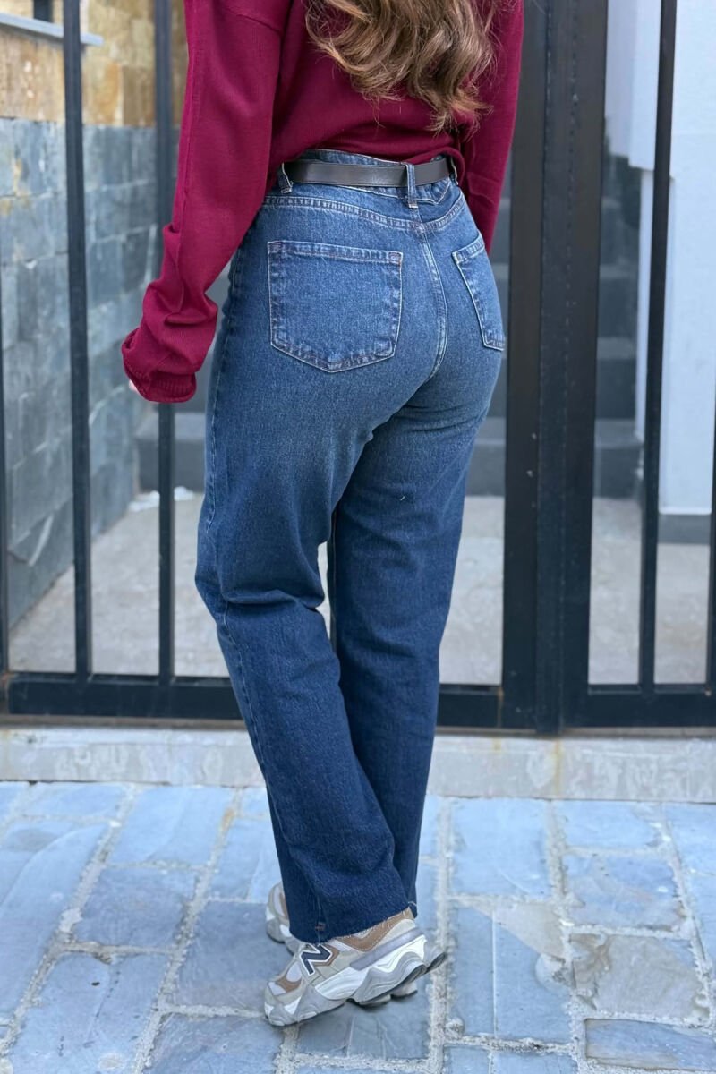 CUTTED EDGES BELTED SIMPLE WOMEN JEANS DARK BLUE/BEE - 4