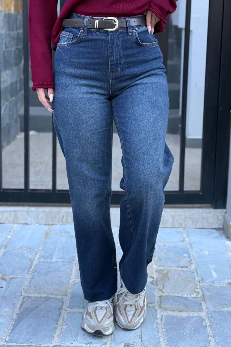 CUTTED EDGES BELTED SIMPLE WOMEN JEANS DARK BLUE/BEE - 5