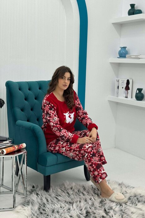 DEER FRONT IMAGE SWEATSHIRT+TROUSERS WOMEN PYJAMAS RED/E KUQE - KLAUDIO FASHION