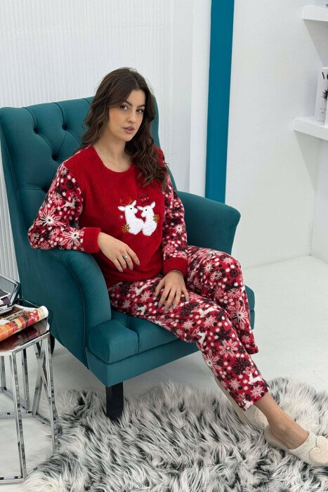 DEER FRONT IMAGE SWEATSHIRT+TROUSERS WOMEN PYJAMAS RED/E KUQE - 2