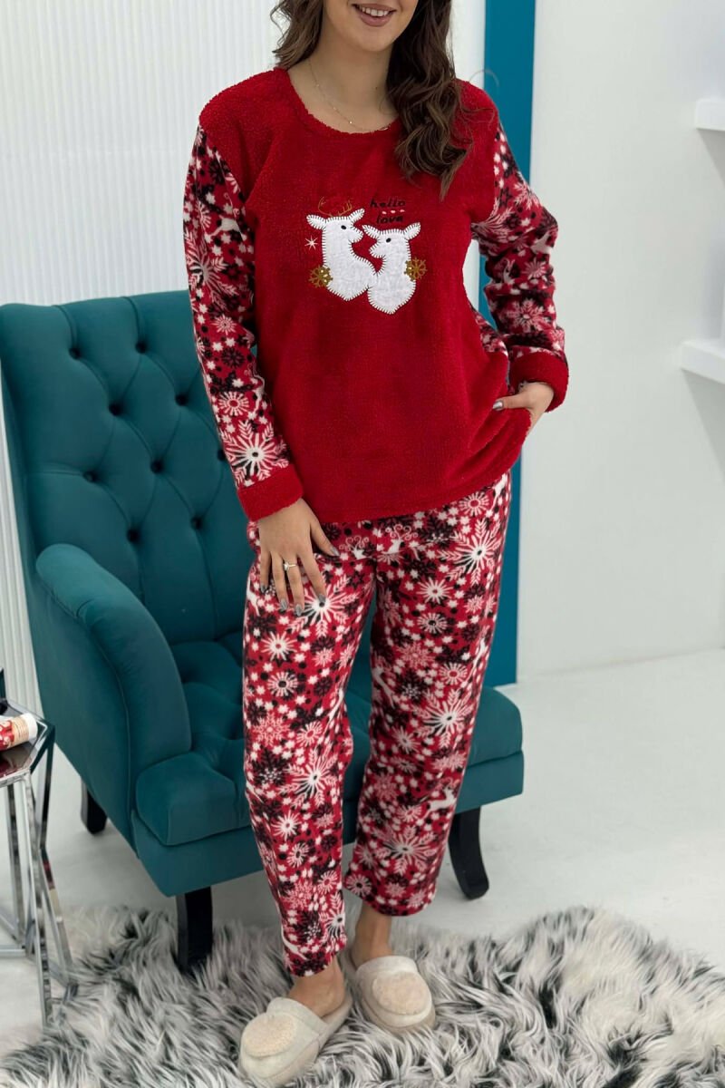 DEER FRONT IMAGE SWEATSHIRT+TROUSERS WOMEN PYJAMAS RED/E KUQE - 4
