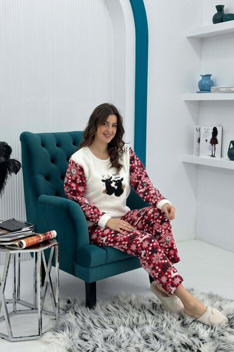 DEER FRONT IMAGE SWEATSHIRT+TROUSERS WOMEN PYJAMAS WHITE-E BARDHE 