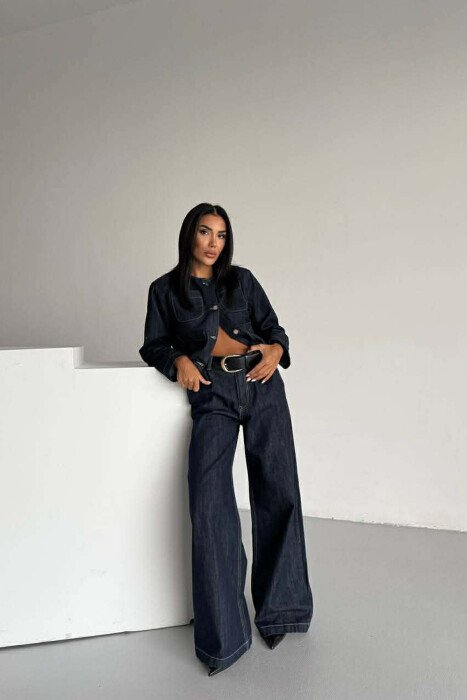 DENIM BUTTONED SHOULDER PADS JACKET + LONG TROUSERS WOMAN SET BLUE/BLU - 7