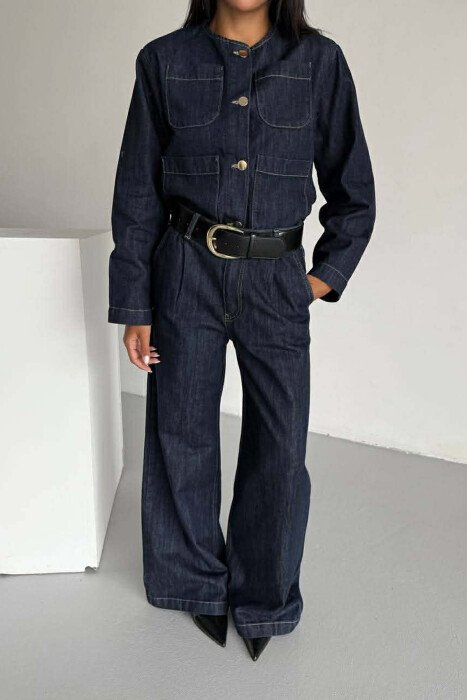 DENIM BUTTONED SHOULDER PADS JACKET + LONG TROUSERS WOMAN SET BLUE/BLU - 10