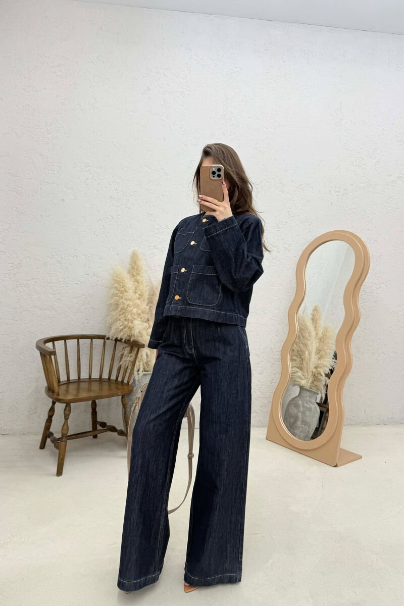 DENIM BUTTONED SHOULDER PADS JACKET + LONG TROUSERS WOMAN SET BLUE/BLU - 2