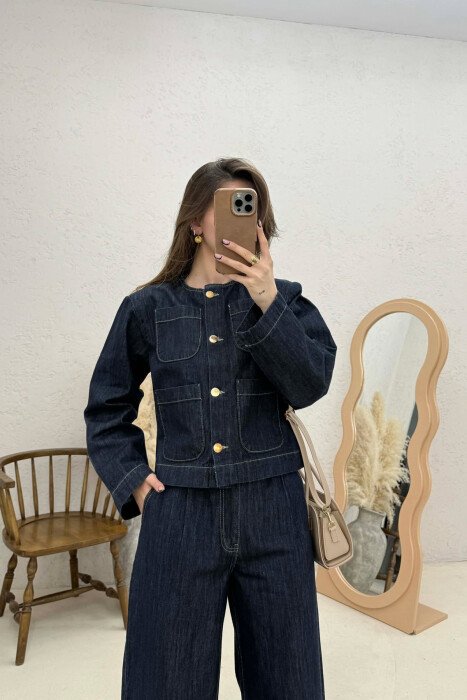 DENIM BUTTONED SHOULDER PADS JACKET + LONG TROUSERS WOMAN SET BLUE/BLU - 3