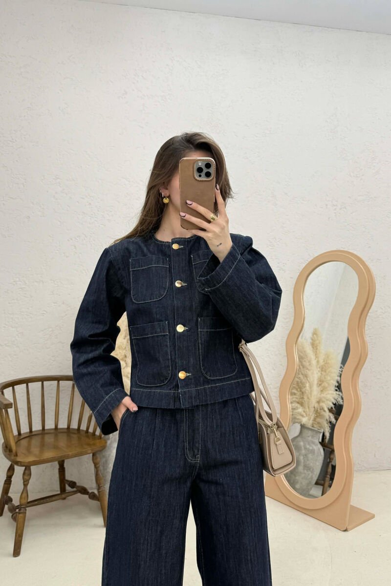 DENIM BUTTONED SHOULDER PADS JACKET + LONG TROUSERS WOMAN SET BLUE/BLU - 3