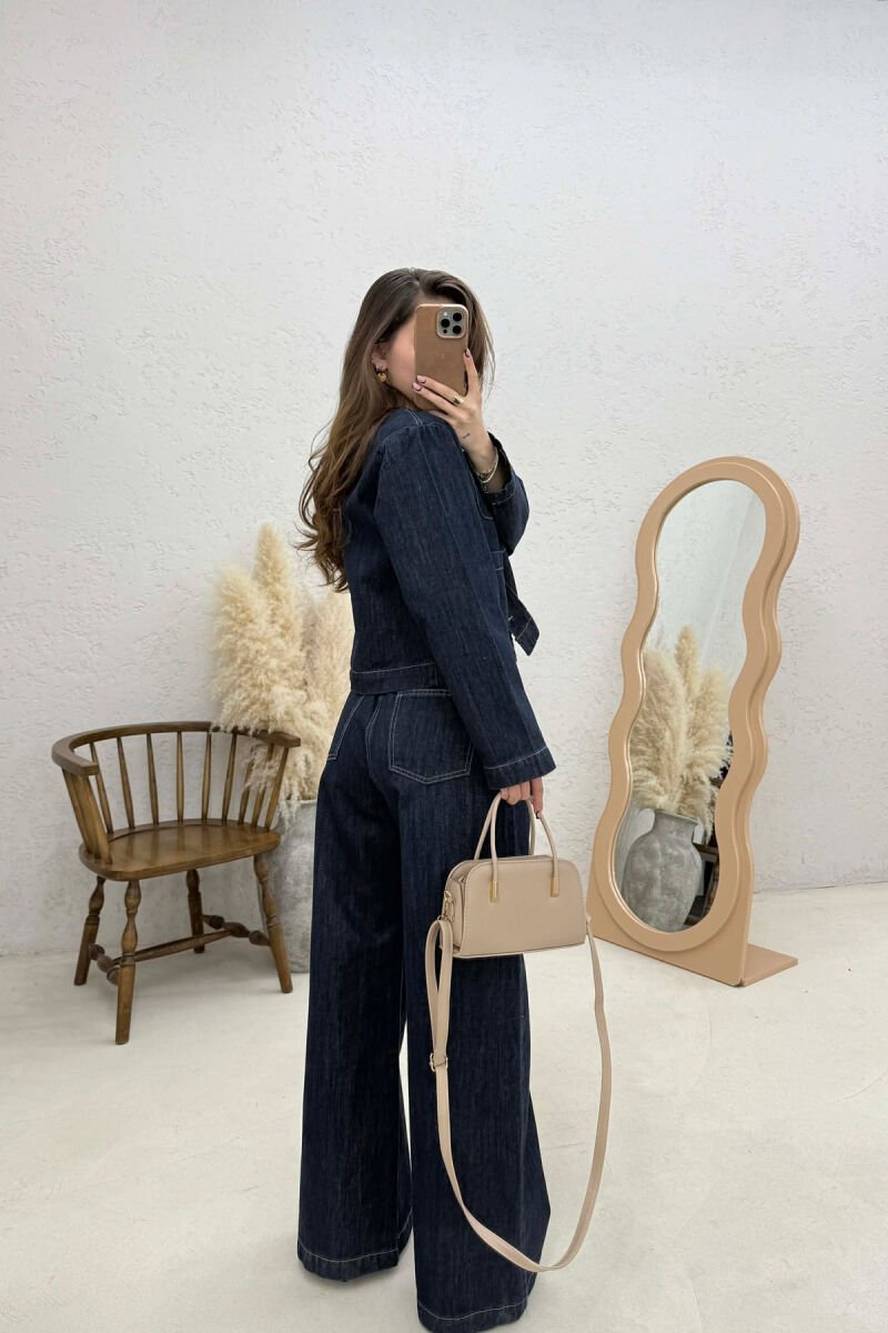 DENIM BUTTONED SHOULDER PADS JACKET + LONG TROUSERS WOMAN SET BLUE/BLU - 6
