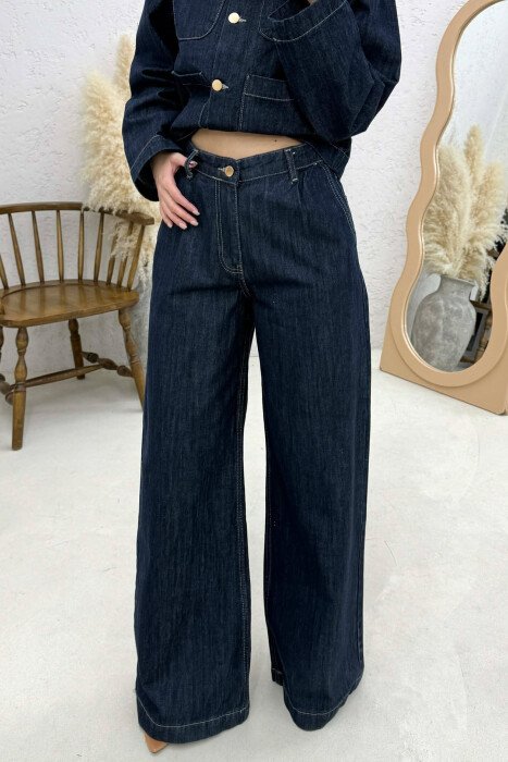 DENIM BUTTONED SHOULDER PADS JACKET + LONG TROUSERS WOMAN SET BLUE/BLU - 5