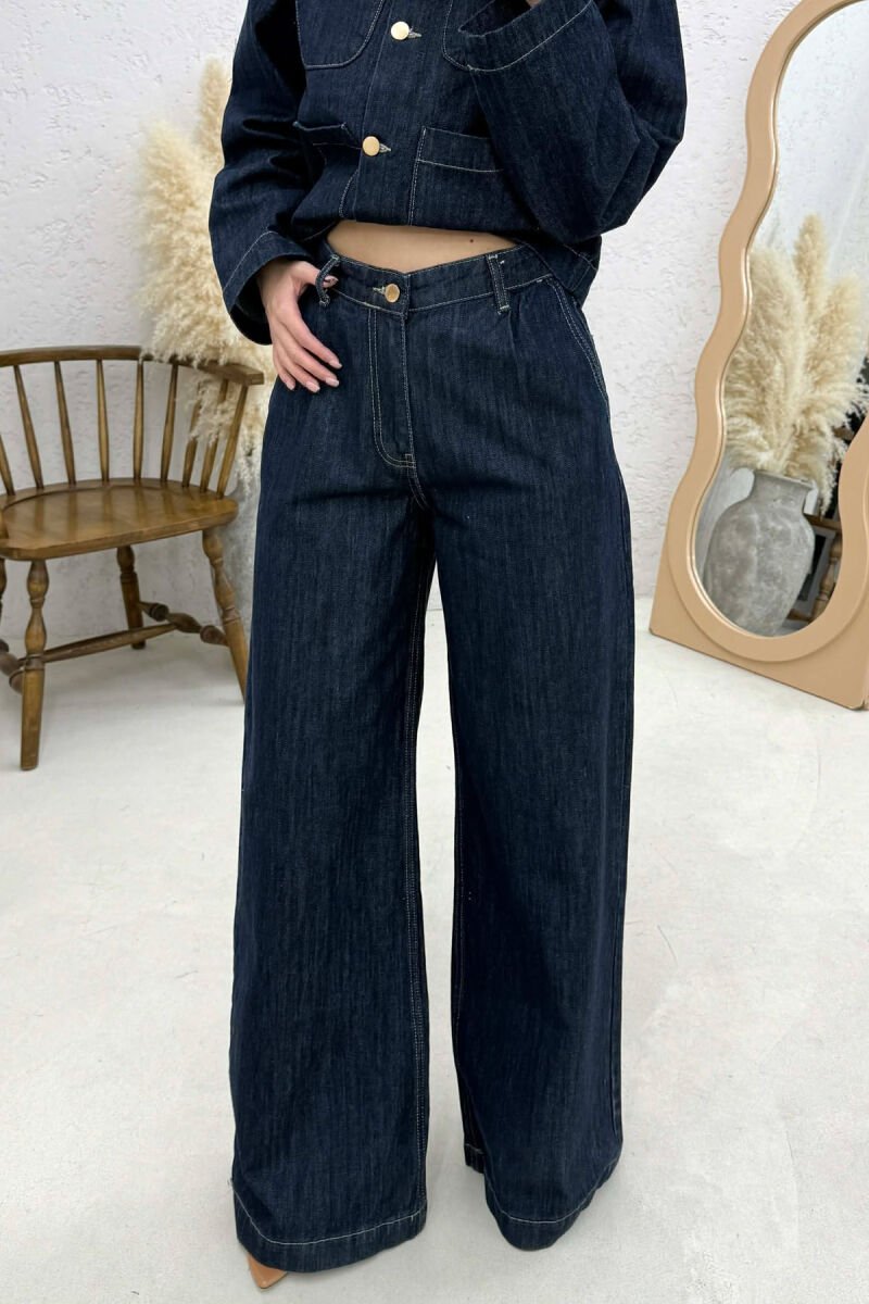 DENIM BUTTONED SHOULDER PADS JACKET + LONG TROUSERS WOMAN SET BLUE/BLU - 5