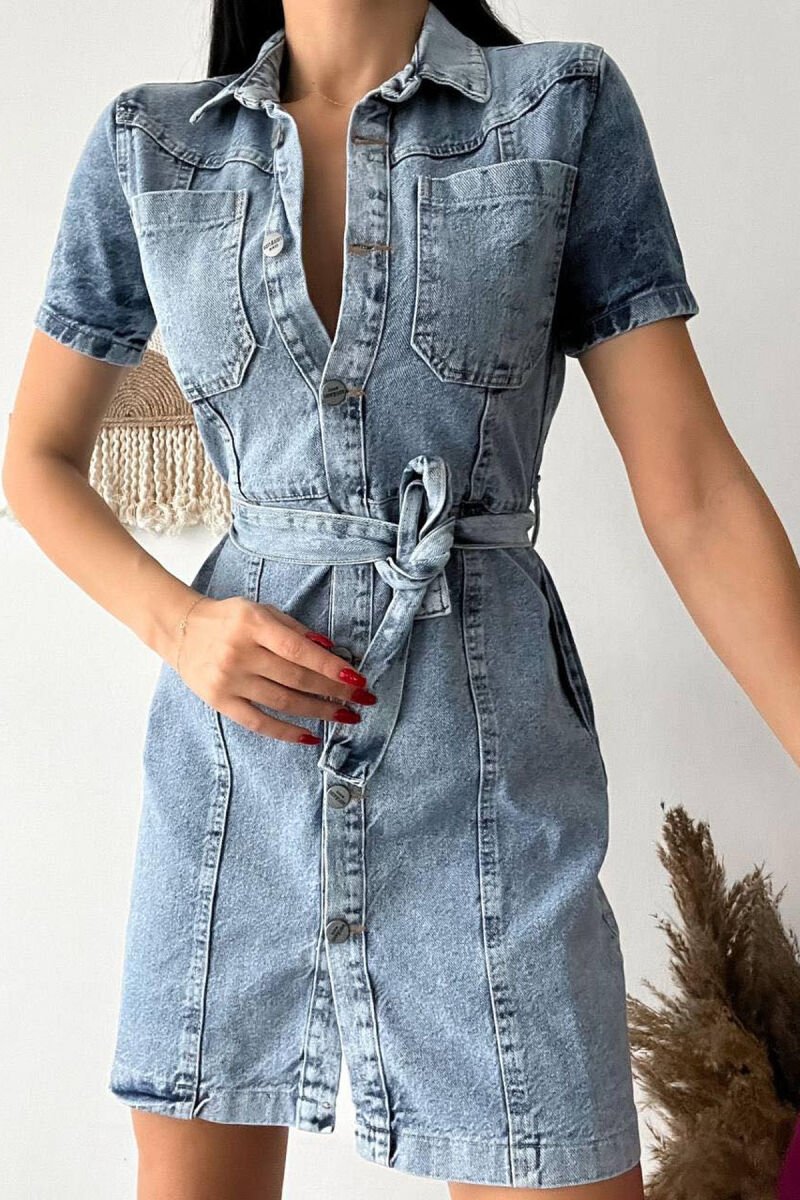 DENIM BUTTONS BELT SHORT DRESS BABY BLUE/BLU BY - 1