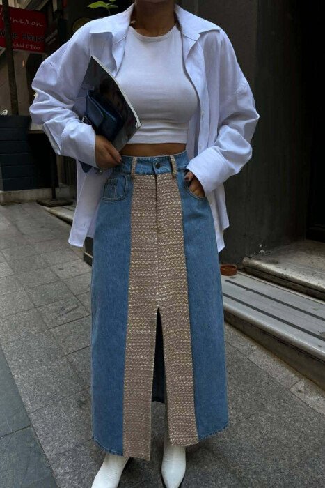 DENIM FRONT KNITTED DETAIL WOMEN SKIRT BEIGE/BEZHE 