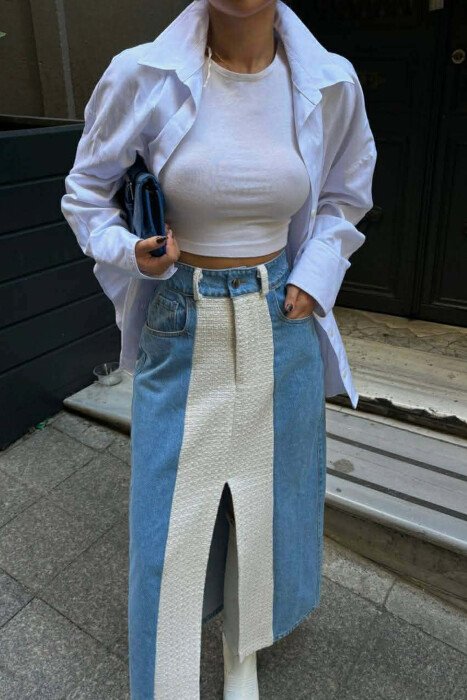 DENIM FRONT KNITTED DETAIL WOMEN SKIRT CREAM/KREM 