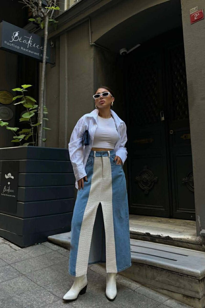DENIM FRONT KNITTED DETAIL WOMEN SKIRT CREAM/KREM - 2